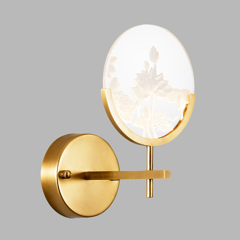 Gold Circle Panel Sconce Light Fixture Post Modern LED Acrylic Wall Lamp with Lotus Pattern in White/Warm Light Clearhalo 'Cast Iron' 'Glass' 'Industrial' 'Modern wall lights' 'Modern' 'Tiffany' 'Traditional wall lights' 'Wall Lamps & Sconces' 'Wall Lights' Lighting' 732656