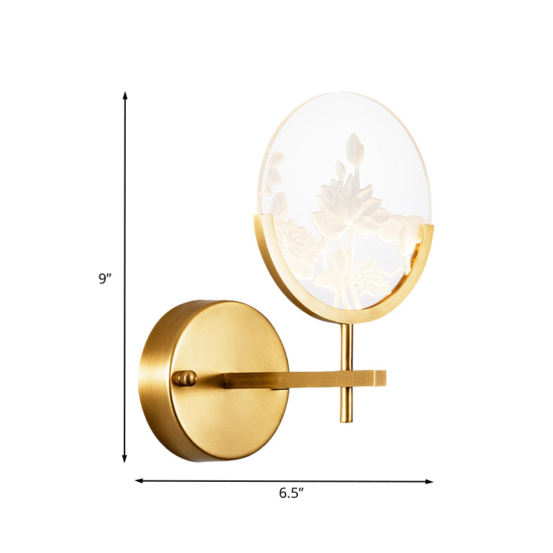 Gold Circle Panel Sconce Light Fixture Post Modern LED Acrylic Wall Lamp with Lotus Pattern in White/Warm Light Clearhalo 'Cast Iron' 'Glass' 'Industrial' 'Modern wall lights' 'Modern' 'Tiffany' 'Traditional wall lights' 'Wall Lamps & Sconces' 'Wall Lights' Lighting' 732657