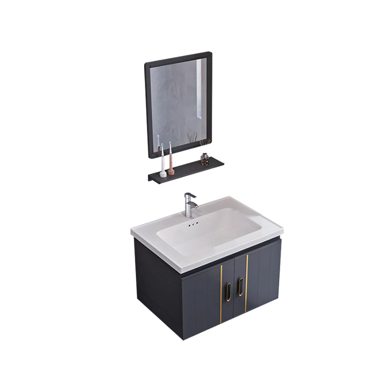 Glam Single Wall Mount Sink Vanity Gray Metal Base Rectangular Vanity Set Vanity & Faucet & Mirrors 24"L x 16"W x 16"H Square Mirror Clearhalo 'Bathroom Remodel & Bathroom Fixtures' 'Bathroom Vanities' 'bathroom_vanities' 'Home Improvement' 'home_improvement' 'home_improvement_bathroom_vanities' 7327198
