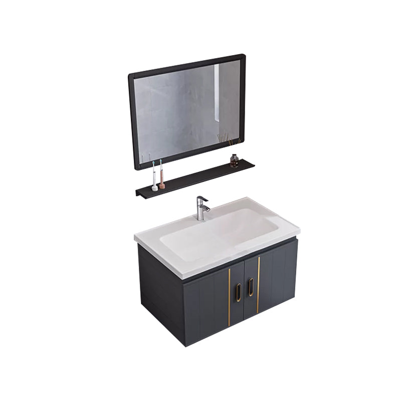 Glam Single Wall Mount Sink Vanity Gray Metal Base Rectangular Vanity Set Vanity & Faucet & Mirrors 28"L x 19"W x 16"H Square Mirror Clearhalo 'Bathroom Remodel & Bathroom Fixtures' 'Bathroom Vanities' 'bathroom_vanities' 'Home Improvement' 'home_improvement' 'home_improvement_bathroom_vanities' 7327200