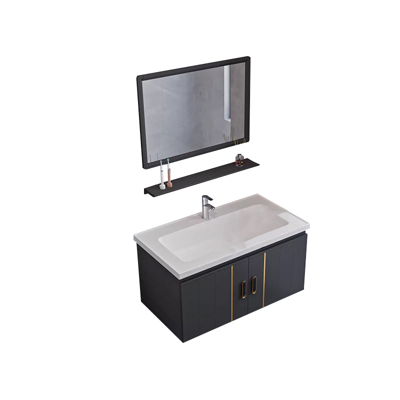 Glam Single Wall Mount Sink Vanity Gray Metal Base Rectangular Vanity Set Vanity & Faucet & Mirrors 31"L x 19"W x 16"H Square Mirror Clearhalo 'Bathroom Remodel & Bathroom Fixtures' 'Bathroom Vanities' 'bathroom_vanities' 'Home Improvement' 'home_improvement' 'home_improvement_bathroom_vanities' 7327201