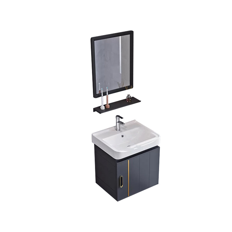 Glam Single Wall Mount Sink Vanity Gray Metal Base Rectangular Vanity Set Vanity & Faucet & Mirrors 17"L x 14"W x 16"H Square Mirror Clearhalo 'Bathroom Remodel & Bathroom Fixtures' 'Bathroom Vanities' 'bathroom_vanities' 'Home Improvement' 'home_improvement' 'home_improvement_bathroom_vanities' 7327203