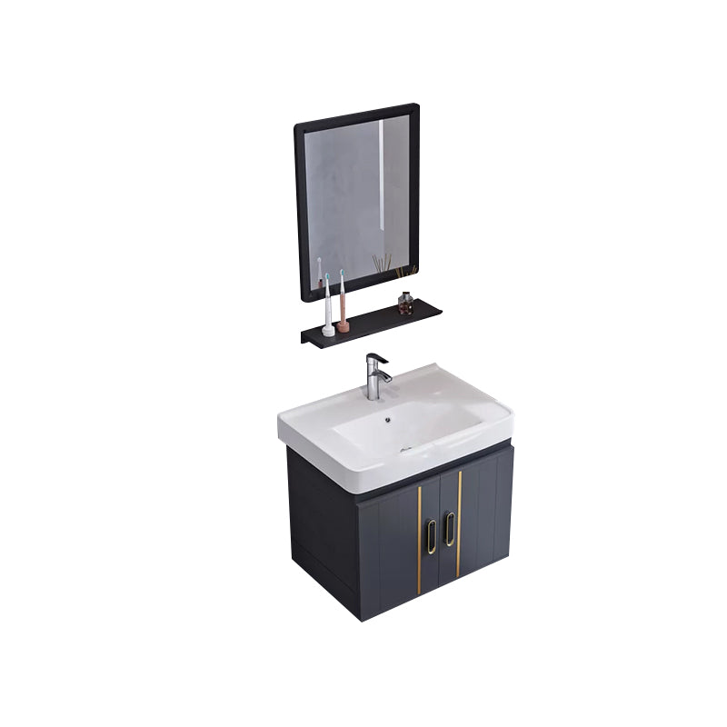Glam Single Wall Mount Sink Vanity Gray Metal Base Rectangular Vanity Set Vanity & Faucet & Mirrors 20"L x 14"W x 16"H Square Mirror Clearhalo 'Bathroom Remodel & Bathroom Fixtures' 'Bathroom Vanities' 'bathroom_vanities' 'Home Improvement' 'home_improvement' 'home_improvement_bathroom_vanities' 7327206