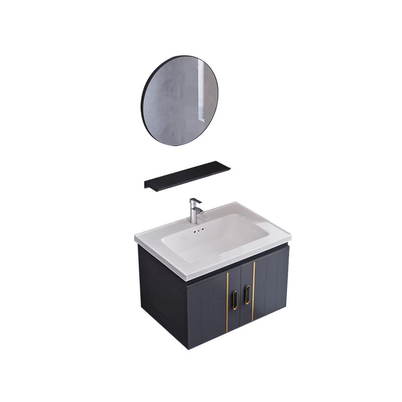 Glam Single Wall Mount Sink Vanity Gray Metal Base Rectangular Vanity Set Vanity & Faucet & Mirrors 24"L x 16"W x 16"H Round Mirror Clearhalo 'Bathroom Remodel & Bathroom Fixtures' 'Bathroom Vanities' 'bathroom_vanities' 'Home Improvement' 'home_improvement' 'home_improvement_bathroom_vanities' 7327208