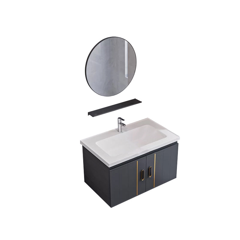Glam Single Wall Mount Sink Vanity Gray Metal Base Rectangular Vanity Set Vanity & Faucet & Mirrors 28"L x 19"W x 16"H Round Mirror Clearhalo 'Bathroom Remodel & Bathroom Fixtures' 'Bathroom Vanities' 'bathroom_vanities' 'Home Improvement' 'home_improvement' 'home_improvement_bathroom_vanities' 7327210