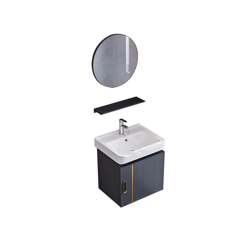 Glam Single Wall Mount Sink Vanity Gray Metal Base Rectangular Vanity Set Vanity & Faucet & Mirrors 17"L x 14"W x 16"H Round Mirror Clearhalo 'Bathroom Remodel & Bathroom Fixtures' 'Bathroom Vanities' 'bathroom_vanities' 'Home Improvement' 'home_improvement' 'home_improvement_bathroom_vanities' 7327214