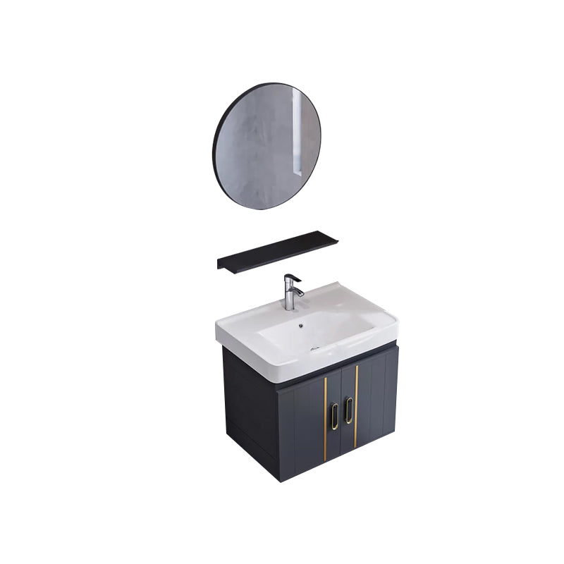 Glam Single Wall Mount Sink Vanity Gray Metal Base Rectangular Vanity Set Vanity & Faucet & Mirrors 20"L x 14"W x 16"H Round Mirror Clearhalo 'Bathroom Remodel & Bathroom Fixtures' 'Bathroom Vanities' 'bathroom_vanities' 'Home Improvement' 'home_improvement' 'home_improvement_bathroom_vanities' 7327215