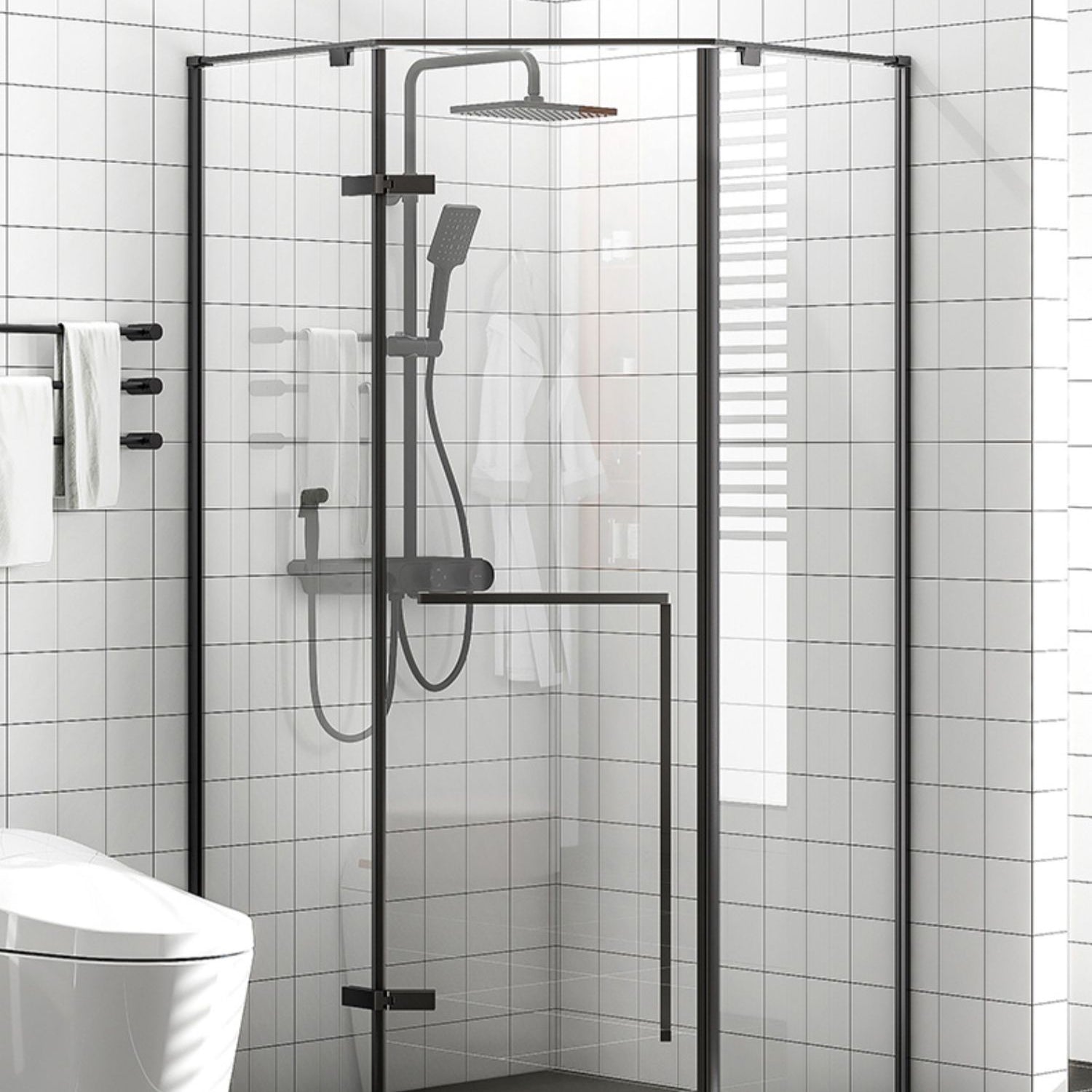 Neo-Angle Tempered Glass Shower Enclosure Black Framed Shower Enclosure Clearhalo 'Bathroom Remodel & Bathroom Fixtures' 'Home Improvement' 'home_improvement' 'home_improvement_shower_stalls_enclosures' 'Shower Stalls & Enclosures' 'shower_stalls_enclosures' 'Showers & Bathtubs' 7327607