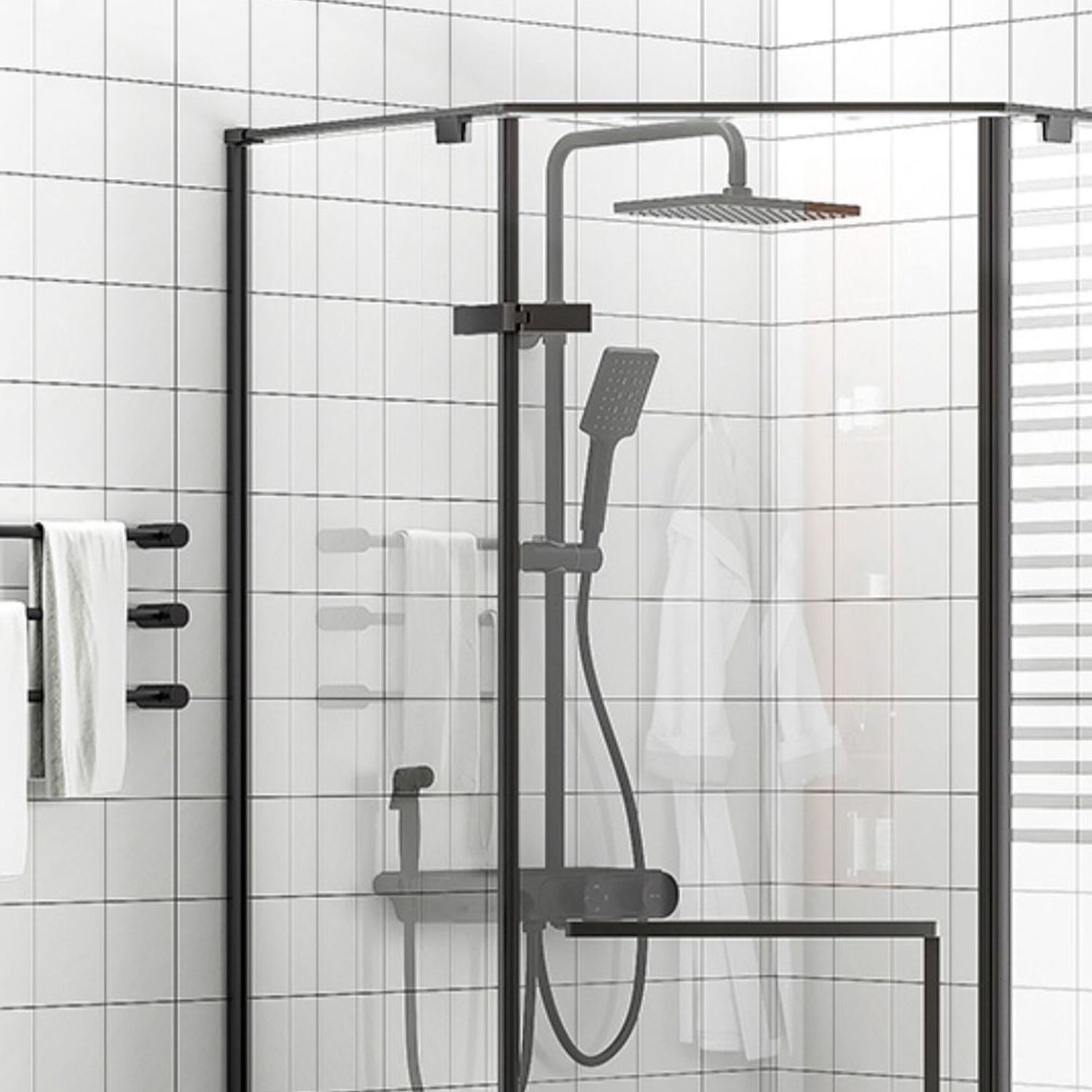 Neo-Angle Tempered Glass Shower Enclosure Black Framed Shower Enclosure Clearhalo 'Bathroom Remodel & Bathroom Fixtures' 'Home Improvement' 'home_improvement' 'home_improvement_shower_stalls_enclosures' 'Shower Stalls & Enclosures' 'shower_stalls_enclosures' 'Showers & Bathtubs' 7327615