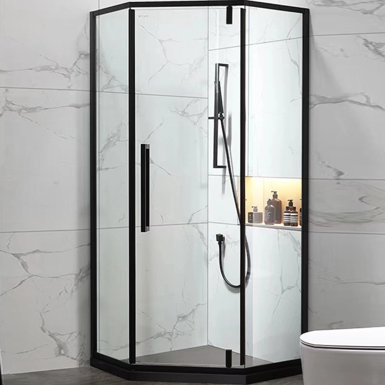 Neo-Angle Framed Shower Enclosure Black Tempered Glass Framed Shower Right Black Clearhalo 'Bathroom Remodel & Bathroom Fixtures' 'Home Improvement' 'home_improvement' 'home_improvement_shower_stalls_enclosures' 'Shower Stalls & Enclosures' 'shower_stalls_enclosures' 'Showers & Bathtubs' 7327627