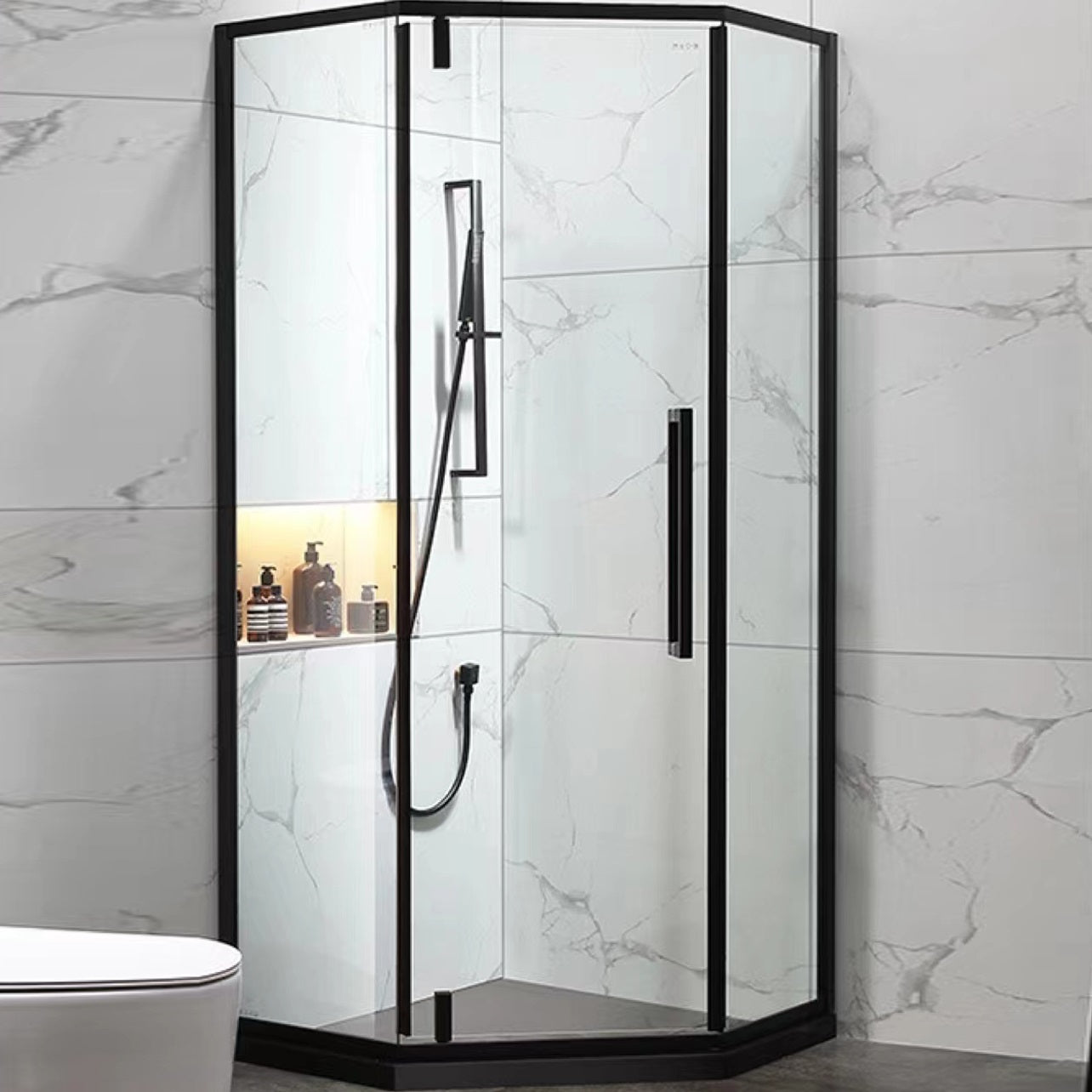 Neo-Angle Framed Shower Enclosure Black Tempered Glass Framed Shower Left Black Clearhalo 'Bathroom Remodel & Bathroom Fixtures' 'Home Improvement' 'home_improvement' 'home_improvement_shower_stalls_enclosures' 'Shower Stalls & Enclosures' 'shower_stalls_enclosures' 'Showers & Bathtubs' 7327628