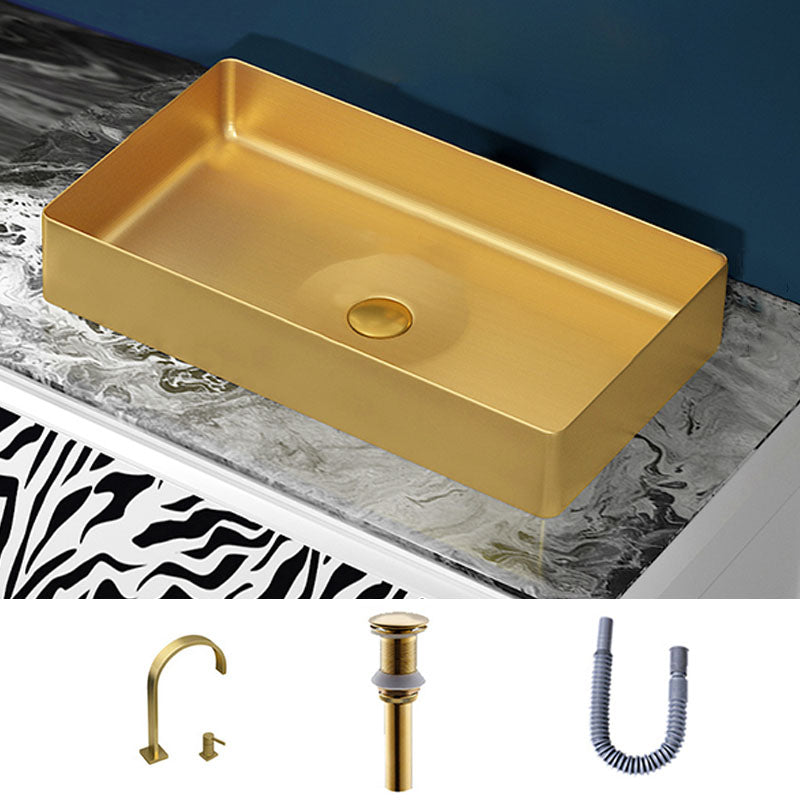 Modern Bathroom Sink with Pop-Up Drain Rectangular Metal Vessel Bathroom Sink Gold Double Holes Sink with Faucet Clearhalo 'Bathroom Remodel & Bathroom Fixtures' 'Bathroom Sinks & Faucet Components' 'Bathroom Sinks' 'bathroom_sink' 'Home Improvement' 'home_improvement' 'home_improvement_bathroom_sink' 7327847