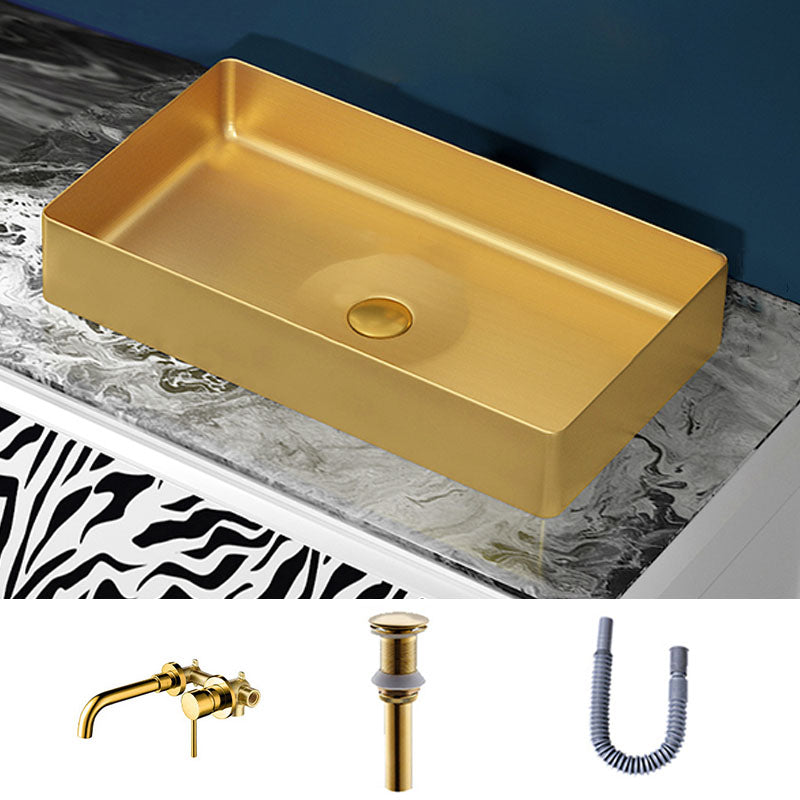 Modern Bathroom Sink with Pop-Up Drain Rectangular Metal Vessel Bathroom Sink Gold Dual Hole Wall-Mounted Faucet Sink with Faucet Clearhalo 'Bathroom Remodel & Bathroom Fixtures' 'Bathroom Sinks & Faucet Components' 'Bathroom Sinks' 'bathroom_sink' 'Home Improvement' 'home_improvement' 'home_improvement_bathroom_sink' 7327849