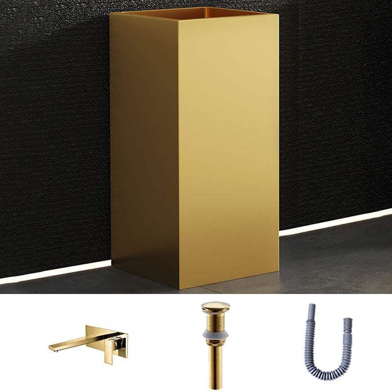 Contemporary Bathroom Sink with Pop-Up Drain Rectangular Metal Pedestal Bathroom Sink Gold Wall Mounted Faucet Sink with Faucet Clearhalo 'Bathroom Remodel & Bathroom Fixtures' 'Bathroom Sinks & Faucet Components' 'Bathroom Sinks' 'bathroom_sink' 'Home Improvement' 'home_improvement' 'home_improvement_bathroom_sink' 7327886