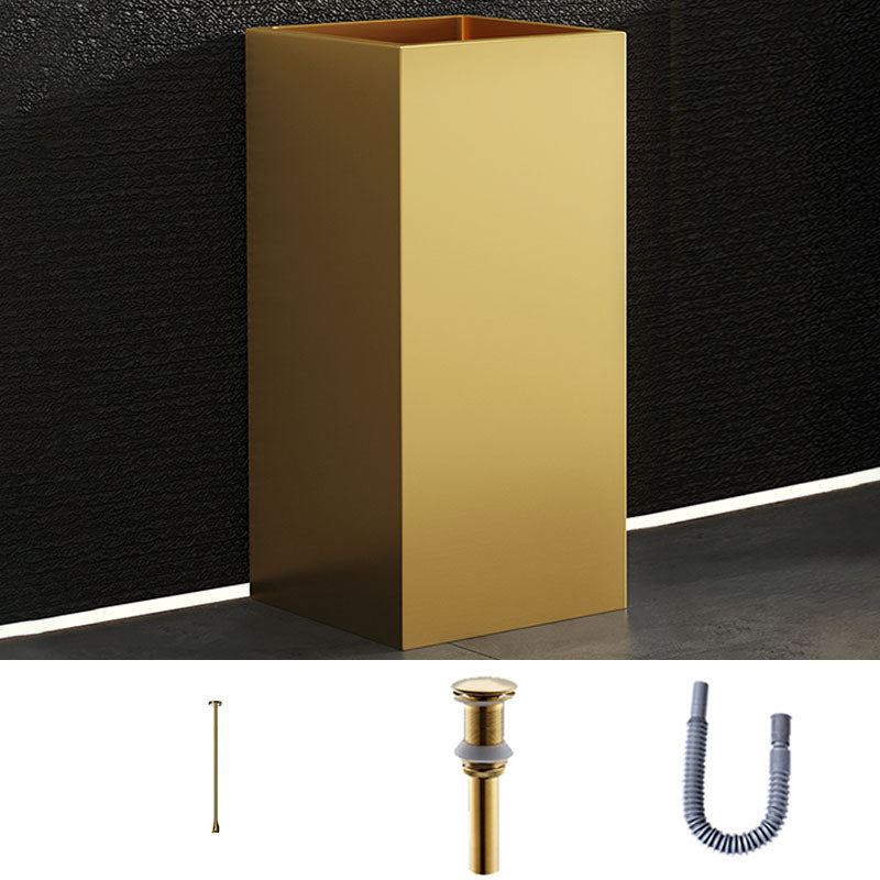 Contemporary Bathroom Sink with Pop-Up Drain Rectangular Metal Pedestal Bathroom Sink Gold Ceiling Sensing Faucet Sink with Faucet Clearhalo 'Bathroom Remodel & Bathroom Fixtures' 'Bathroom Sinks & Faucet Components' 'Bathroom Sinks' 'bathroom_sink' 'Home Improvement' 'home_improvement' 'home_improvement_bathroom_sink' 7327887