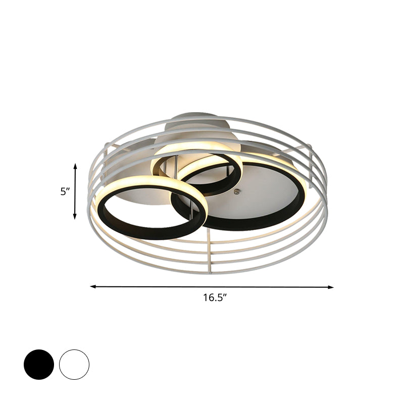 Rings Bedroom Flushmount Acrylic 16.5"/19.5" W LED Contemporary Flush Lamp in White/Black with Metal Cage, Warm/White Light Clearhalo 'Ceiling Lights' 'Close To Ceiling Lights' 'Close to ceiling' 'Flush mount' Lighting' 732804