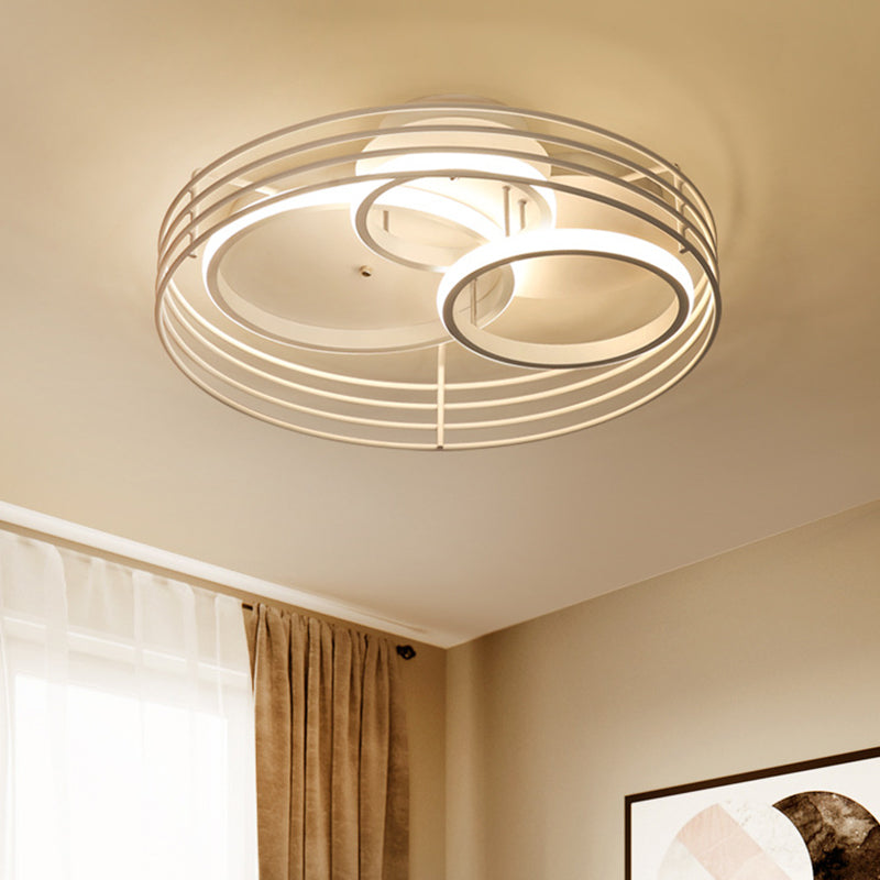 Rings Bedroom Flushmount Acrylic 16.5"/19.5" W LED Contemporary Flush Lamp in White/Black with Metal Cage, Warm/White Light White Clearhalo 'Ceiling Lights' 'Close To Ceiling Lights' 'Close to ceiling' 'Flush mount' Lighting' 732806