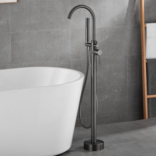 Modern Freestanding Tub Filler Trim Brass Floor Mounted with Handles Tub Faucet Clearhalo 'Bathroom Remodel & Bathroom Fixtures' 'Bathtub Faucets' 'bathtub_faucets' 'Home Improvement' 'home_improvement' 'home_improvement_bathtub_faucets' 7329602