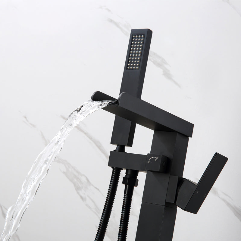 Modern Freestanding Tub Filler Trim Brass Floor Mounted with Handles Tub Faucet Black Waterfall Comes Out Clearhalo 'Bathroom Remodel & Bathroom Fixtures' 'Bathtub Faucets' 'bathtub_faucets' 'Home Improvement' 'home_improvement' 'home_improvement_bathtub_faucets' 7329603