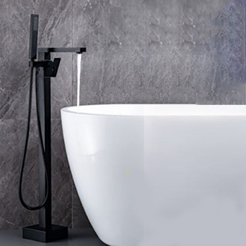 Modern Freestanding Tub Filler Trim Brass Floor Mounted with Handles Tub Faucet Black Right Angle Outlet Clearhalo 'Bathroom Remodel & Bathroom Fixtures' 'Bathtub Faucets' 'bathtub_faucets' 'Home Improvement' 'home_improvement' 'home_improvement_bathtub_faucets' 7329606