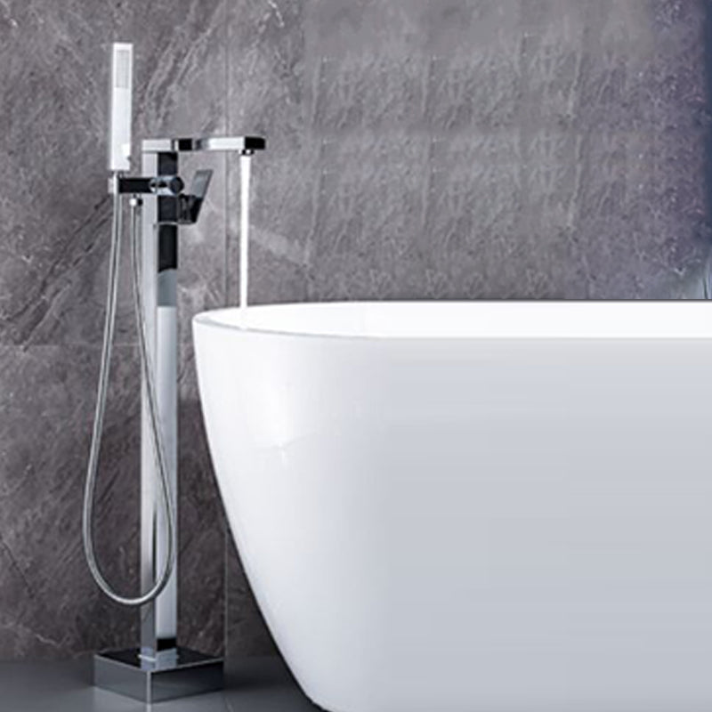 Modern Freestanding Tub Filler Trim Brass Floor Mounted with Handles Tub Faucet Silver Right Angle Outlet Clearhalo 'Bathroom Remodel & Bathroom Fixtures' 'Bathtub Faucets' 'bathtub_faucets' 'Home Improvement' 'home_improvement' 'home_improvement_bathtub_faucets' 7329615