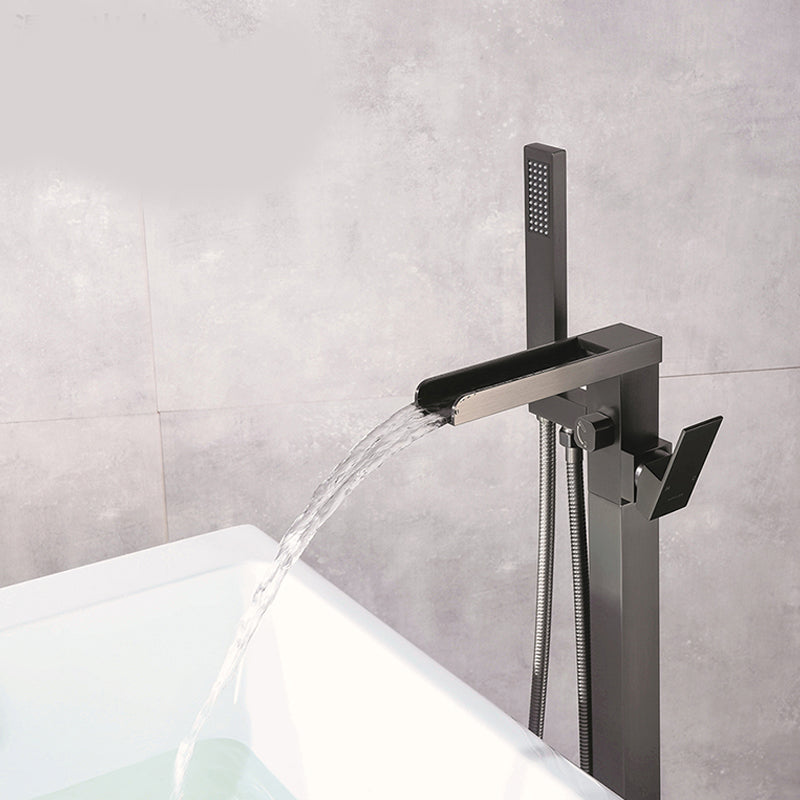 Modern Freestanding Tub Filler Trim Brass Floor Mounted with Handles Tub Faucet Gun Grey Waterfall Comes Out Clearhalo 'Bathroom Remodel & Bathroom Fixtures' 'Bathtub Faucets' 'bathtub_faucets' 'Home Improvement' 'home_improvement' 'home_improvement_bathtub_faucets' 7329620