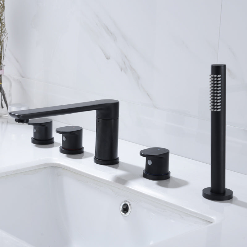 Modern Roman Tub Trim Brass Deck-Mount with Handshower Roman Bathtub Faucet Black 5 Hole Faucets Clearhalo 'Bathroom Remodel & Bathroom Fixtures' 'Bathtub Faucets' 'bathtub_faucets' 'Home Improvement' 'home_improvement' 'home_improvement_bathtub_faucets' 7329643