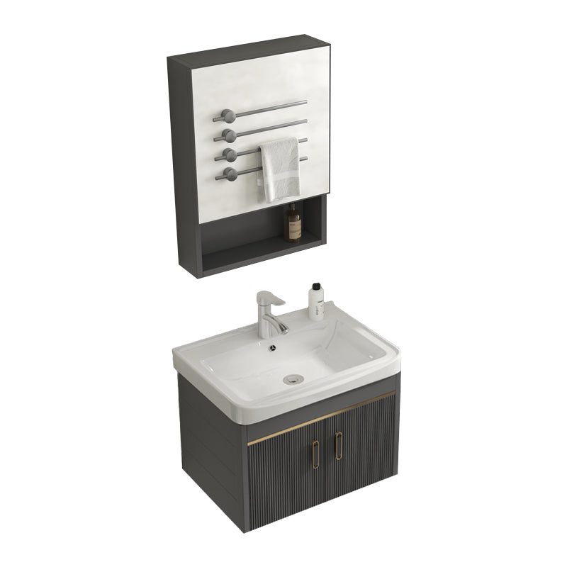 Glam Vanity Single Sink Wall Mounted 2 Doors Metal Frame Rectangular Vanity with Mirror Vanity & Faucet & Mirror Cabinet 20"L x 14"W x 16"H Ceramic Clearhalo 'Bathroom Remodel & Bathroom Fixtures' 'Bathroom Vanities' 'bathroom_vanities' 'Home Improvement' 'home_improvement' 'home_improvement_bathroom_vanities' 7332261