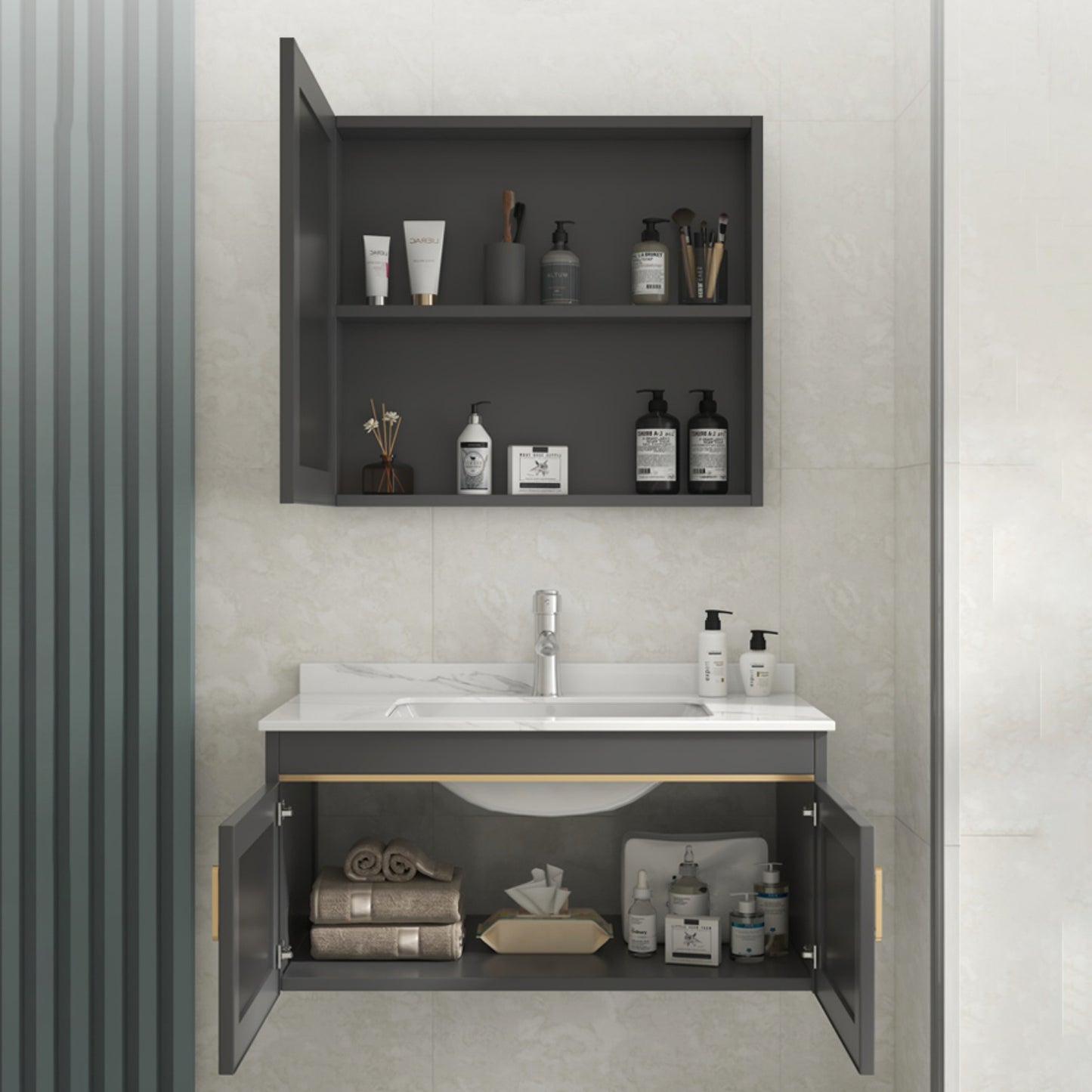 Glam Vanity Single Sink Wall Mounted 2 Doors Metal Frame Rectangular Vanity with Mirror Clearhalo 'Bathroom Remodel & Bathroom Fixtures' 'Bathroom Vanities' 'bathroom_vanities' 'Home Improvement' 'home_improvement' 'home_improvement_bathroom_vanities' 7332263