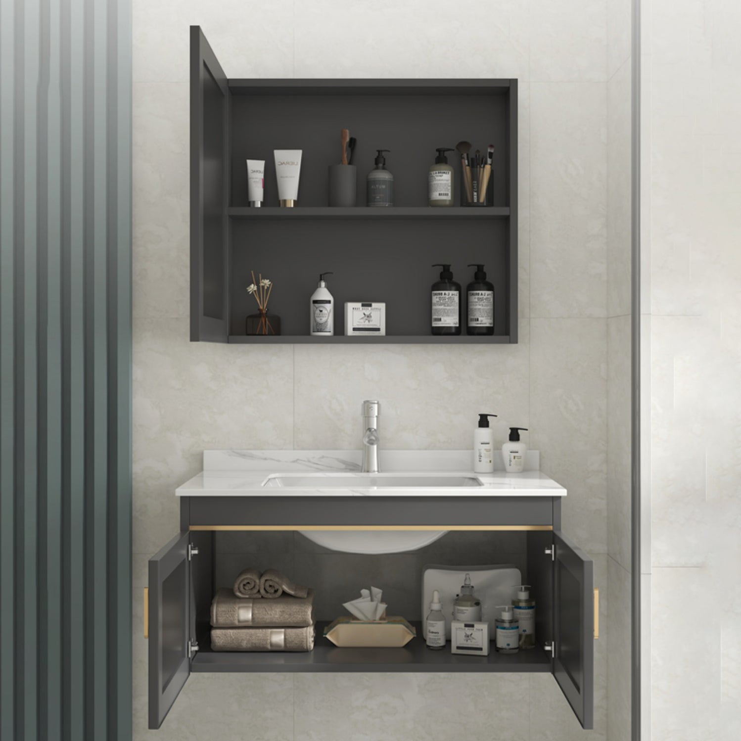 Glam Vanity Single Sink Wall Mounted 2 Doors Metal Frame Rectangular Vanity with Mirror Clearhalo 'Bathroom Remodel & Bathroom Fixtures' 'Bathroom Vanities' 'bathroom_vanities' 'Home Improvement' 'home_improvement' 'home_improvement_bathroom_vanities' 7332263