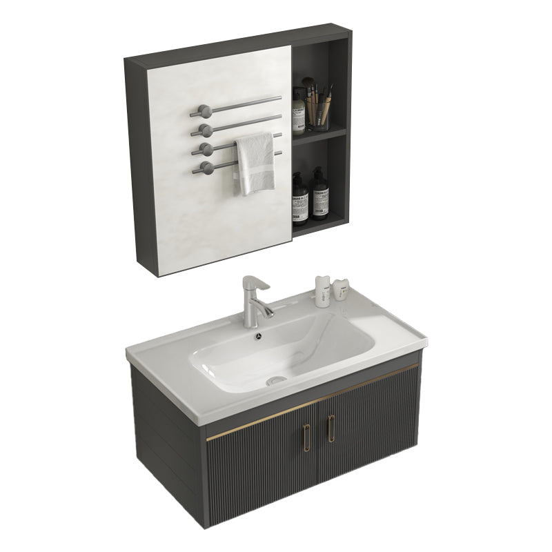 Glam Vanity Single Sink Wall Mounted 2 Doors Metal Frame Rectangular Vanity with Mirror Vanity & Faucet & Mirror Cabinet Ceramic Clearhalo 'Bathroom Remodel & Bathroom Fixtures' 'Bathroom Vanities' 'bathroom_vanities' 'Home Improvement' 'home_improvement' 'home_improvement_bathroom_vanities' 7332265