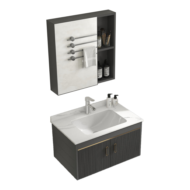 Glam Vanity Single Sink Wall Mounted 2 Doors Metal Frame Rectangular Vanity with Mirror Vanity & Faucet & Mirror Cabinet 24"L x 19"W x 16"H Stone Clearhalo 'Bathroom Remodel & Bathroom Fixtures' 'Bathroom Vanities' 'bathroom_vanities' 'Home Improvement' 'home_improvement' 'home_improvement_bathroom_vanities' 7332266