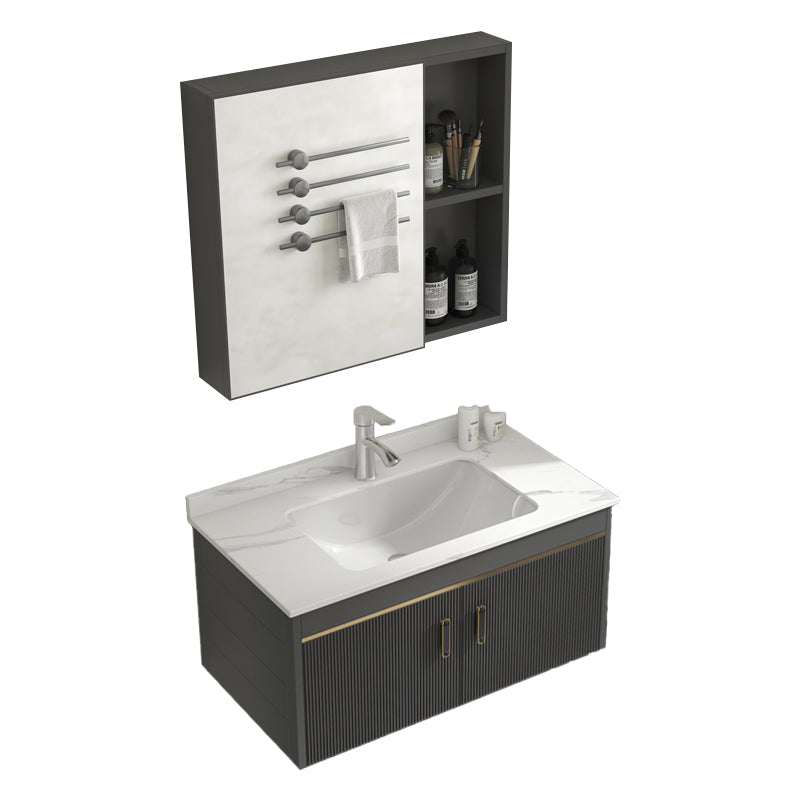 Glam Vanity Single Sink Wall Mounted 2 Doors Metal Frame Rectangular Vanity with Mirror Vanity & Faucet & Mirror Cabinet Stone Clearhalo 'Bathroom Remodel & Bathroom Fixtures' 'Bathroom Vanities' 'bathroom_vanities' 'Home Improvement' 'home_improvement' 'home_improvement_bathroom_vanities' 7332267