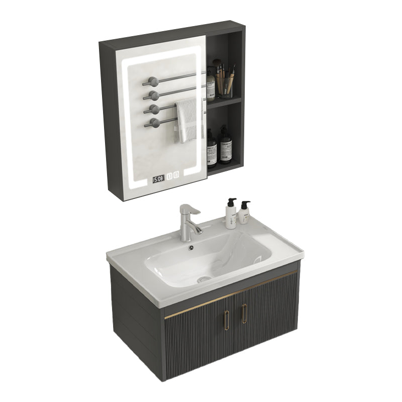 Glam Vanity Single Sink Wall Mounted 2 Doors Metal Frame Rectangular Vanity with Mirror Vanity & Faucet & Smart Medicine Cabinet 24"L x 19"W x 16"H Ceramic Clearhalo 'Bathroom Remodel & Bathroom Fixtures' 'Bathroom Vanities' 'bathroom_vanities' 'Home Improvement' 'home_improvement' 'home_improvement_bathroom_vanities' 7332268