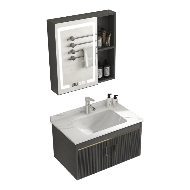 Glam Vanity Single Sink Wall Mounted 2 Doors Metal Frame Rectangular Vanity with Mirror Vanity & Faucet & Smart Medicine Cabinet 24"L x 19"W x 16"H Stone Clearhalo 'Bathroom Remodel & Bathroom Fixtures' 'Bathroom Vanities' 'bathroom_vanities' 'Home Improvement' 'home_improvement' 'home_improvement_bathroom_vanities' 7332270