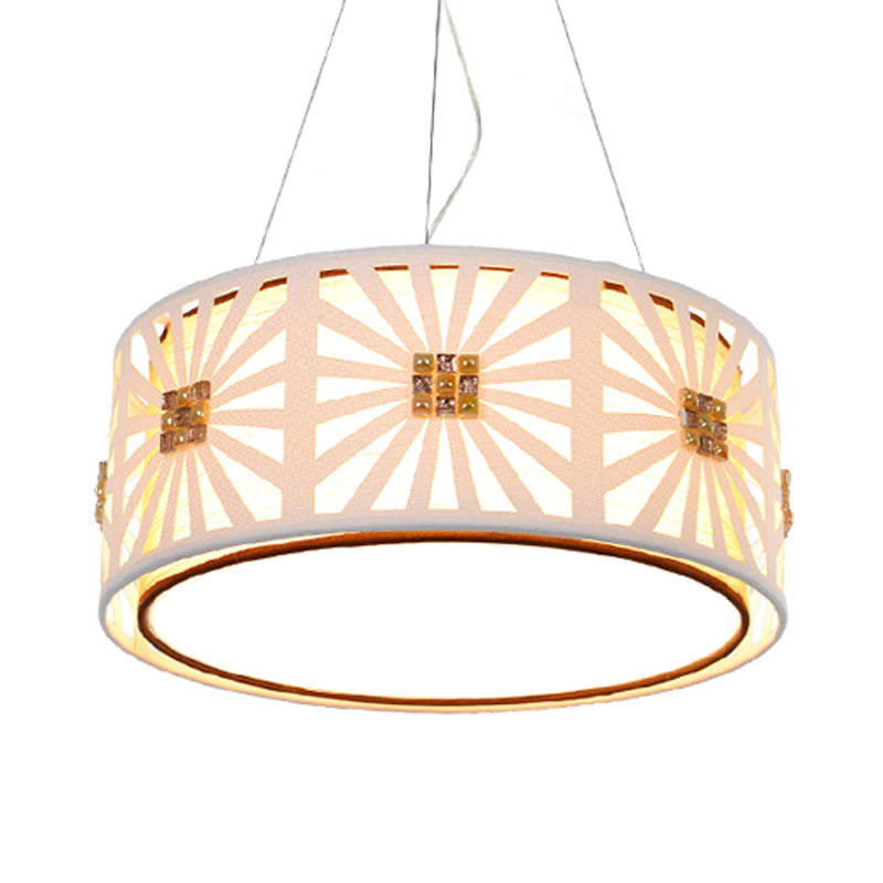 Drum Frame Metal Hanging Lighting Contemporary LED White Pendant with Fabric Shade, 18"/21.5" Wide Clearhalo 'Ceiling Lights' 'Modern Pendants' 'Modern' 'Pendant Lights' 'Pendants' Lighting' 733241