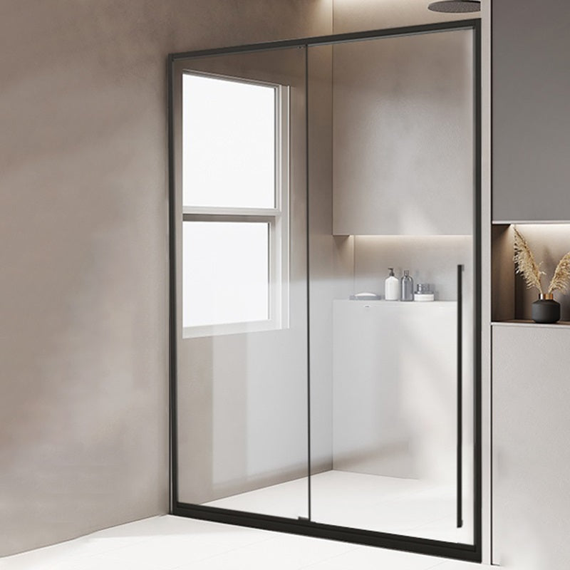 Framed Single Sliding Shower Door Transparent Tempered Shower Bath Door Black Left Clearhalo 'Bathroom Remodel & Bathroom Fixtures' 'Home Improvement' 'home_improvement' 'home_improvement_shower_tub_doors' 'Shower and Tub Doors' 'shower_tub_doors' 'Showers & Bathtubs' 7332629