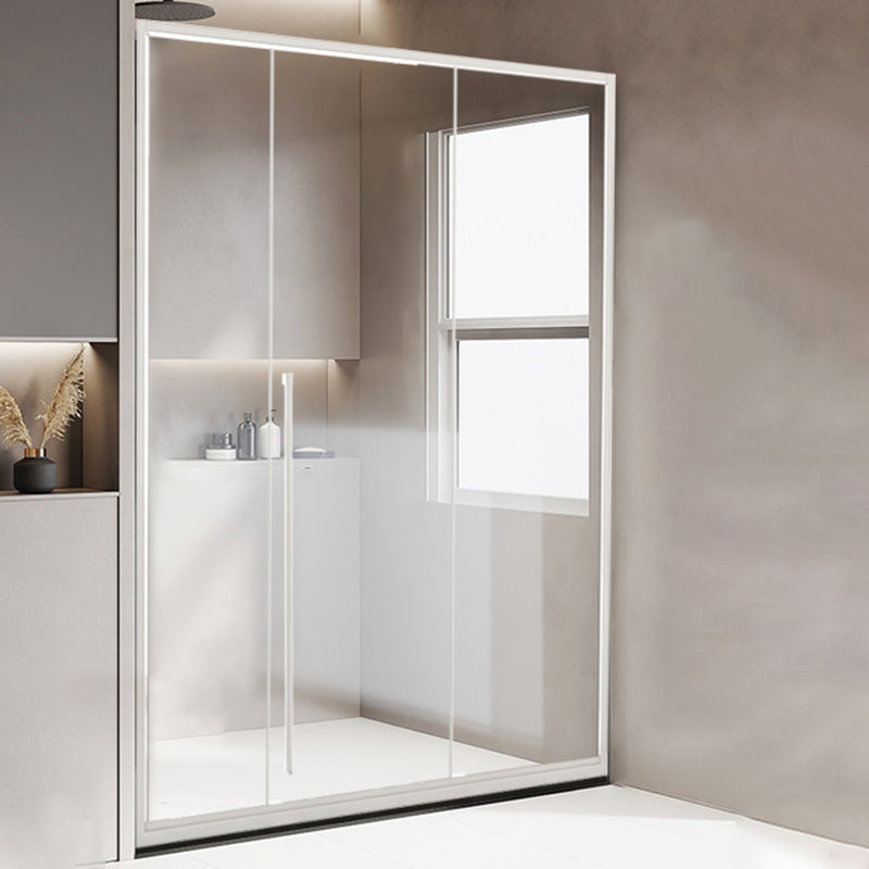 Framed Single Sliding Shower Door Transparent Tempered Shower Bath Door Silver Right Clearhalo 'Bathroom Remodel & Bathroom Fixtures' 'Home Improvement' 'home_improvement' 'home_improvement_shower_tub_doors' 'Shower and Tub Doors' 'shower_tub_doors' 'Showers & Bathtubs' 7332631