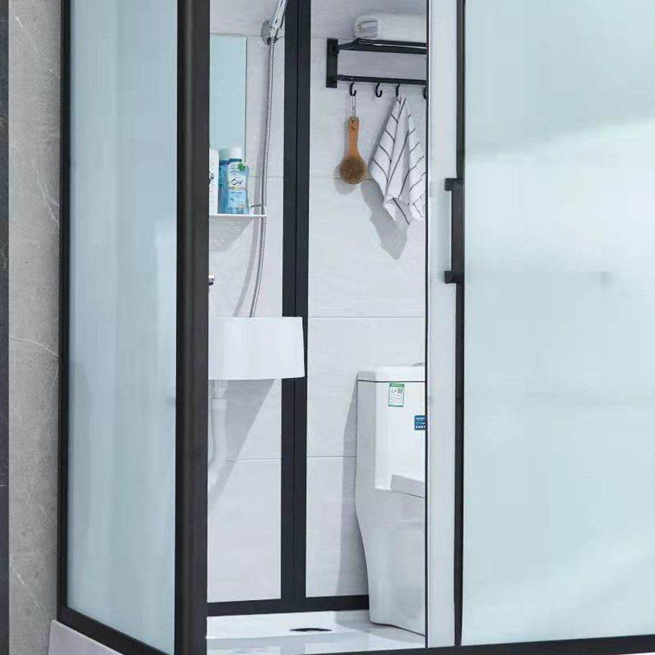 Framed Frosted Shower Kit Rectangle Matt Black Shower Stall with Base Included Clearhalo 'Bathroom Remodel & Bathroom Fixtures' 'Home Improvement' 'home_improvement' 'home_improvement_shower_stalls_enclosures' 'Shower Stalls & Enclosures' 'shower_stalls_enclosures' 'Showers & Bathtubs' 7332657