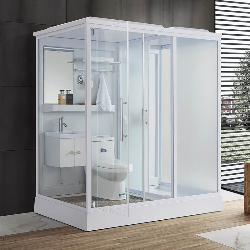 Frosted Single Sliding Shower Kit White Framed Shower Stall with Base Included Clearhalo 'Bathroom Remodel & Bathroom Fixtures' 'Home Improvement' 'home_improvement' 'home_improvement_shower_stalls_enclosures' 'Shower Stalls & Enclosures' 'shower_stalls_enclosures' 'Showers & Bathtubs' 7332663