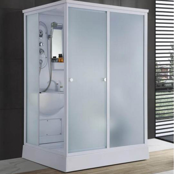 Frosted Single Sliding Shower Kit White Framed Shower Stall with Base Included 55"L x 43"W x 87"H Sided Opening Clearhalo 'Bathroom Remodel & Bathroom Fixtures' 'Home Improvement' 'home_improvement' 'home_improvement_shower_stalls_enclosures' 'Shower Stalls & Enclosures' 'shower_stalls_enclosures' 'Showers & Bathtubs' 7332664