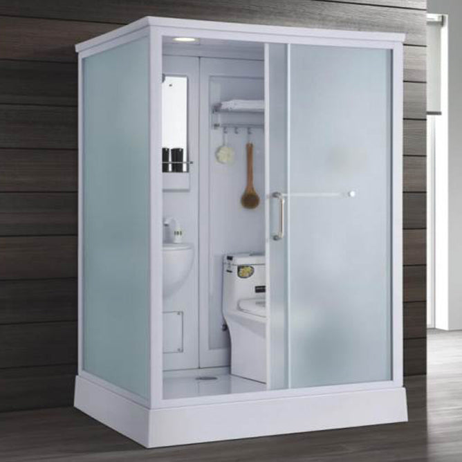 Frosted Single Sliding Shower Kit White Framed Shower Stall with Base Included 55"L x 43"W x 87"H Front Opening Clearhalo 'Bathroom Remodel & Bathroom Fixtures' 'Home Improvement' 'home_improvement' 'home_improvement_shower_stalls_enclosures' 'Shower Stalls & Enclosures' 'shower_stalls_enclosures' 'Showers & Bathtubs' 7332665