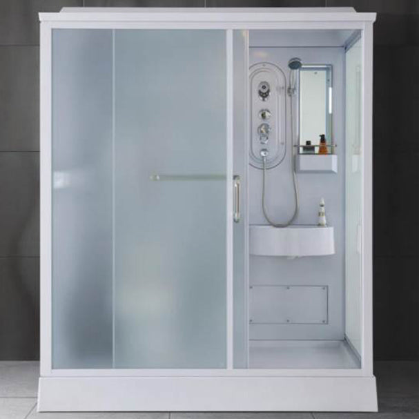 Frosted Single Sliding Shower Kit White Framed Shower Stall with Base Included 67"L x 47"W x 87"H Front Opening Clearhalo 'Bathroom Remodel & Bathroom Fixtures' 'Home Improvement' 'home_improvement' 'home_improvement_shower_stalls_enclosures' 'Shower Stalls & Enclosures' 'shower_stalls_enclosures' 'Showers & Bathtubs' 7332671