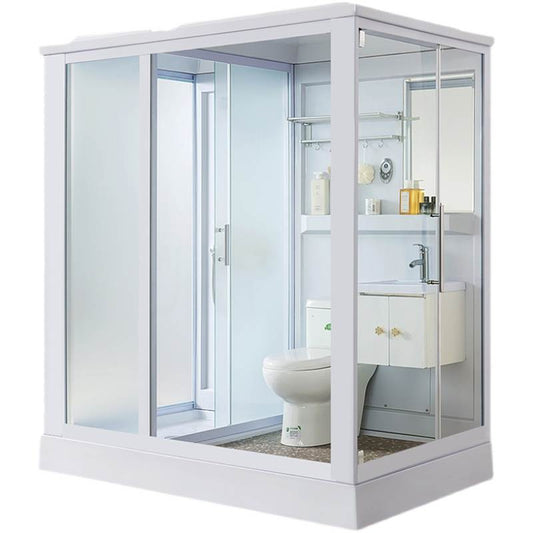 Frosted Single Sliding Shower Kit White Framed Shower Stall with Base Included Clearhalo 'Bathroom Remodel & Bathroom Fixtures' 'Home Improvement' 'home_improvement' 'home_improvement_shower_stalls_enclosures' 'Shower Stalls & Enclosures' 'shower_stalls_enclosures' 'Showers & Bathtubs' 7332672