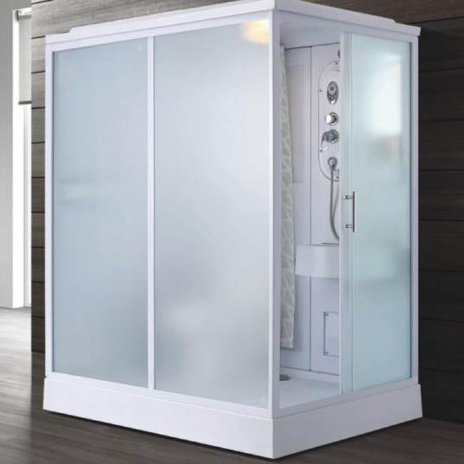 Frosted Single Sliding Shower Kit White Framed Shower Stall with Base Included 67"L x 47"W x 87"H Sided Opening Clearhalo 'Bathroom Remodel & Bathroom Fixtures' 'Home Improvement' 'home_improvement' 'home_improvement_shower_stalls_enclosures' 'Shower Stalls & Enclosures' 'shower_stalls_enclosures' 'Showers & Bathtubs' 7332673