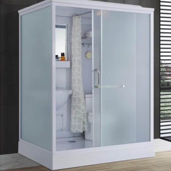 Frosted Single Sliding Shower Kit White Framed Shower Stall with Base Included 63"L x 47"W x 87"H Front Opening Clearhalo 'Bathroom Remodel & Bathroom Fixtures' 'Home Improvement' 'home_improvement' 'home_improvement_shower_stalls_enclosures' 'Shower Stalls & Enclosures' 'shower_stalls_enclosures' 'Showers & Bathtubs' 7332675