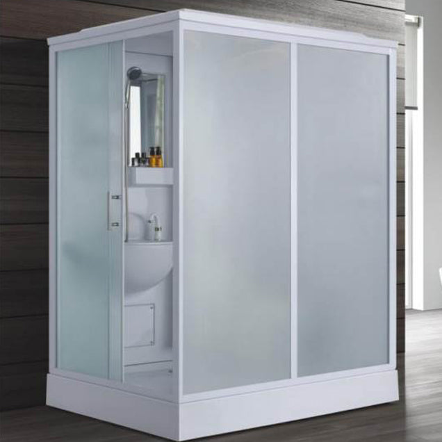 Frosted Single Sliding Shower Kit White Framed Shower Stall with Base Included 63"L x 47"W x 87"H Sided Opening Clearhalo 'Bathroom Remodel & Bathroom Fixtures' 'Home Improvement' 'home_improvement' 'home_improvement_shower_stalls_enclosures' 'Shower Stalls & Enclosures' 'shower_stalls_enclosures' 'Showers & Bathtubs' 7332677