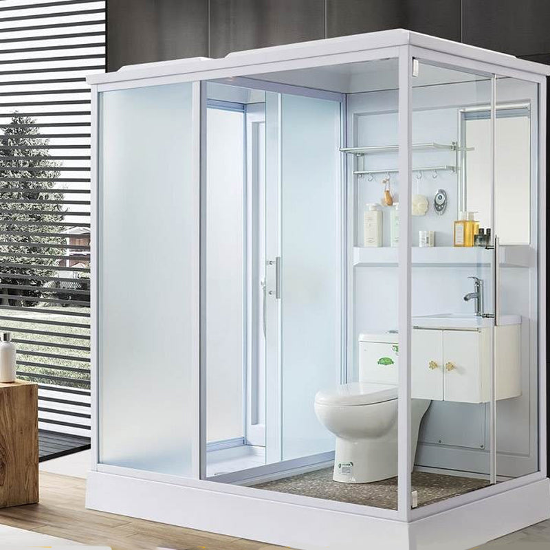 Single Sliding Rectangle Shower Kit White Frosted Shower Stall with Shower Tray Clearhalo 'Bathroom Remodel & Bathroom Fixtures' 'Home Improvement' 'home_improvement' 'home_improvement_shower_stalls_enclosures' 'Shower Stalls & Enclosures' 'shower_stalls_enclosures' 'Showers & Bathtubs' 7332689