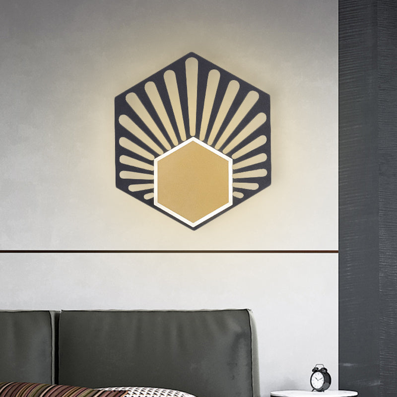 Hexagon Wall Mounted Light Modernist Metallic LED Bedside Sconce Lamp in Black with Fan Design, 8"/10" Wide Clearhalo 'Cast Iron' 'Glass' 'Industrial' 'Modern wall lights' 'Modern' 'Tiffany' 'Traditional wall lights' 'Wall Lamps & Sconces' 'Wall Lights' Lighting' 733279