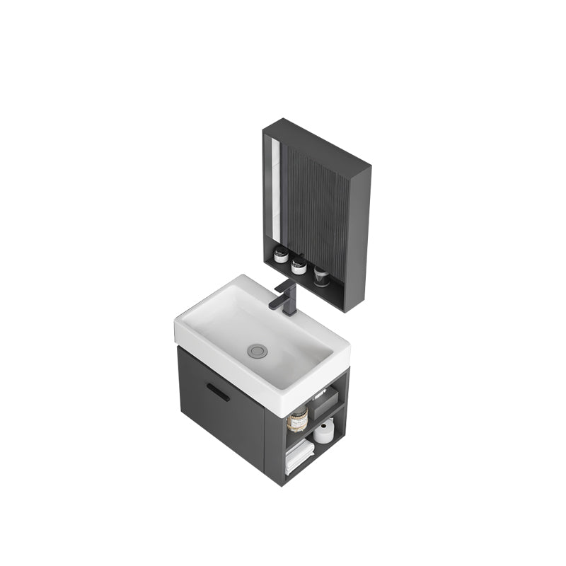 Modern Dark Gray Ceramic Vanity Single-Sink Wall Mount Vanity Sink Vanity & Faucet & Mirror Cabinet 20"L x 14"W x 21"H Clearhalo 'Bathroom Remodel & Bathroom Fixtures' 'Bathroom Vanities' 'bathroom_vanities' 'Home Improvement' 'home_improvement' 'home_improvement_bathroom_vanities' 7333003